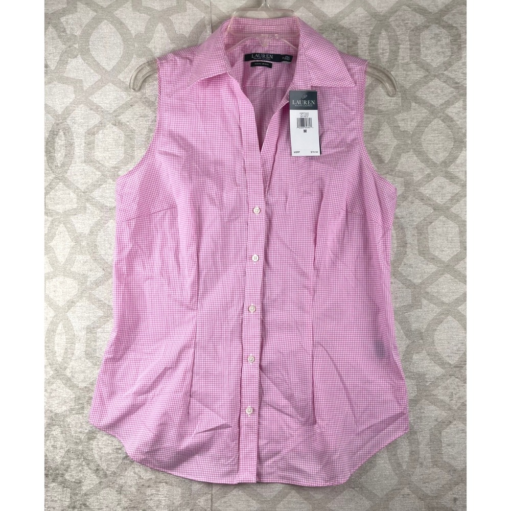 Lauren Ralph Lauren Shirt Women M Pink Gingham Sleeveless Non-Iron Cotton